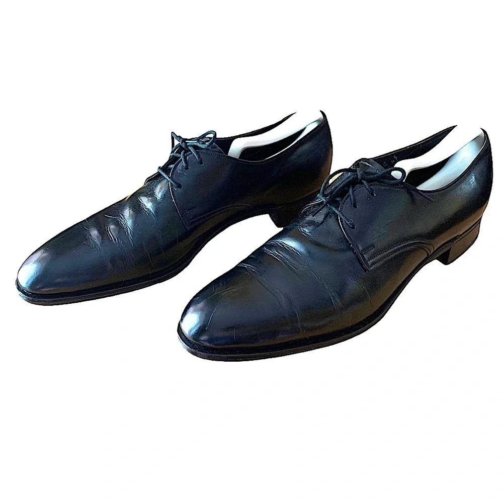 ALAN McAfee London Vintage Black Leather Plain Toe Lace Up Dress Shoe Size 9.5 B